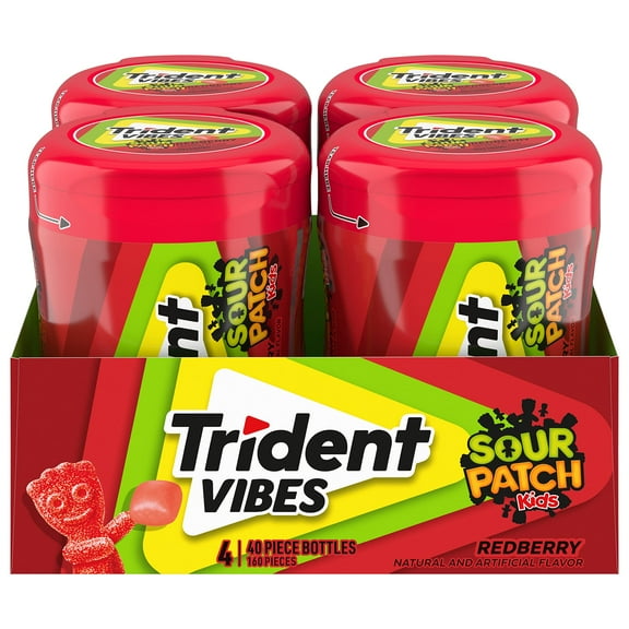Trident Vibes Sour Patch Kids Redberry Sugar Free Gum, 4 - 40 Piece Bottles (160 Total Pieces)