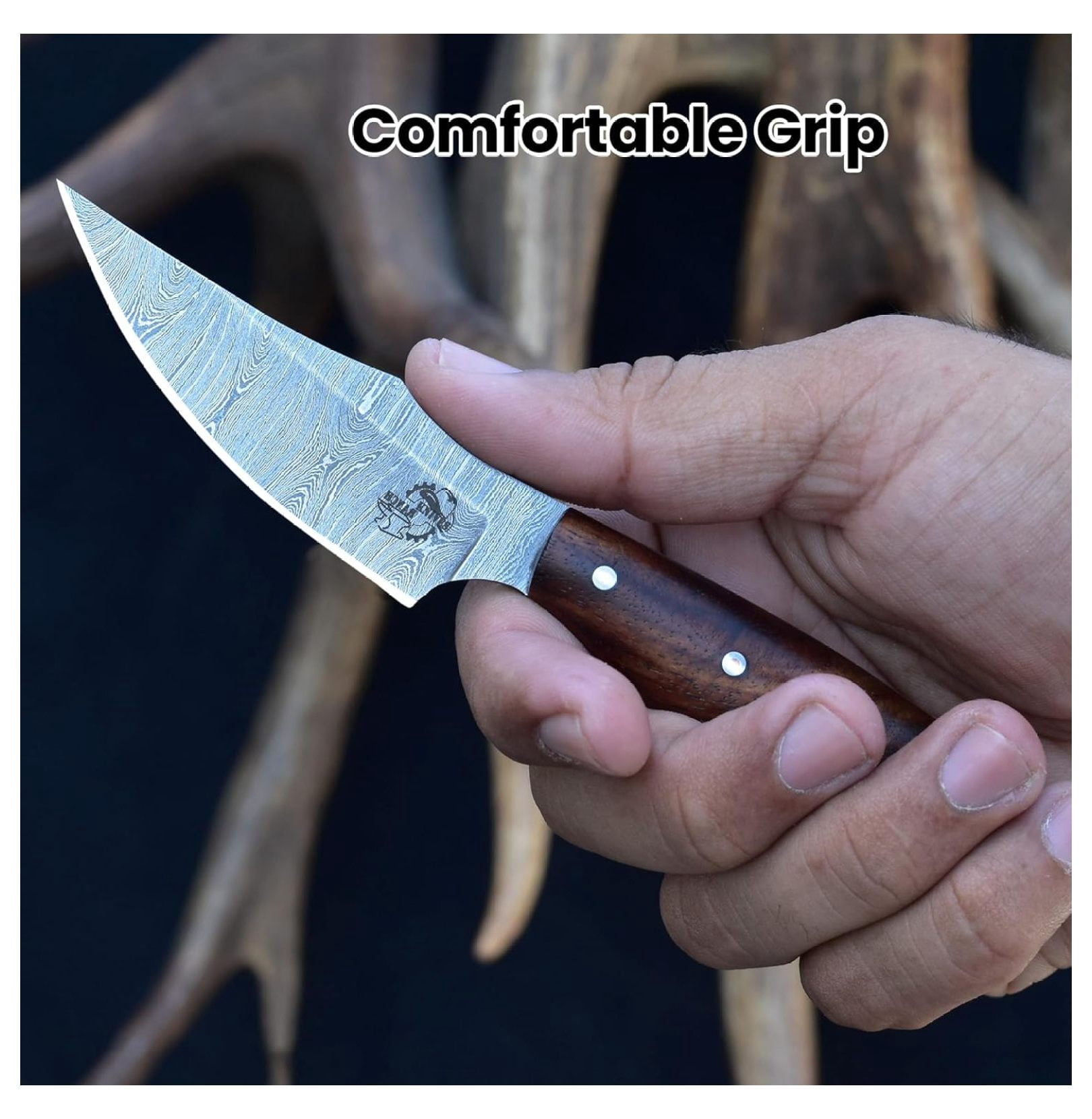 Handmade EDC Fixed Blade Hunting Knife – Forged Damascus Steel – Handle – Horizontal Carry Sheath – Outdoor Knife (3180-IRW)