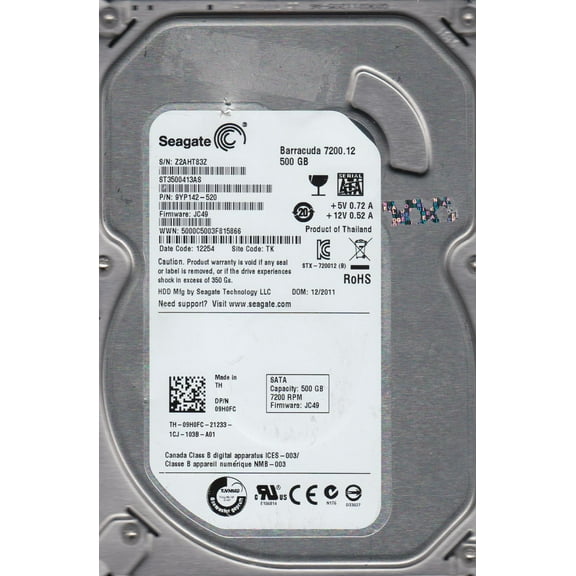 ST3500413AS, Z2A, TK, PN 9YP142-520, FW JC49, Seagate 500GB SATA 3.5 Hard Drive