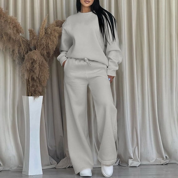 LEWKW Women's Oversized 2 Piece Sweatsuits Long Sleeve Crewneck Top And Wide Leg Pants Matching Sets Casual Loose Fit Lounge Outfits Tracksuits
