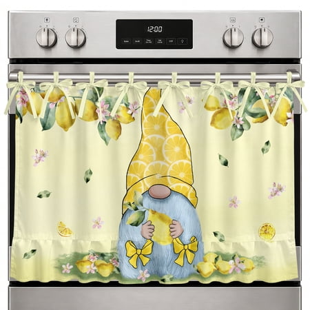 Oven Skirt Curtain Lemon Gnome Oven Curtain with 8 Ribbon Ties & Ruffle Stove Cover Yellow Summer Fruit Floral Leaves Oven Skirts for Stove Dishwasher Cabinet Over Sinks Kitchen Decor 32x24 Inch