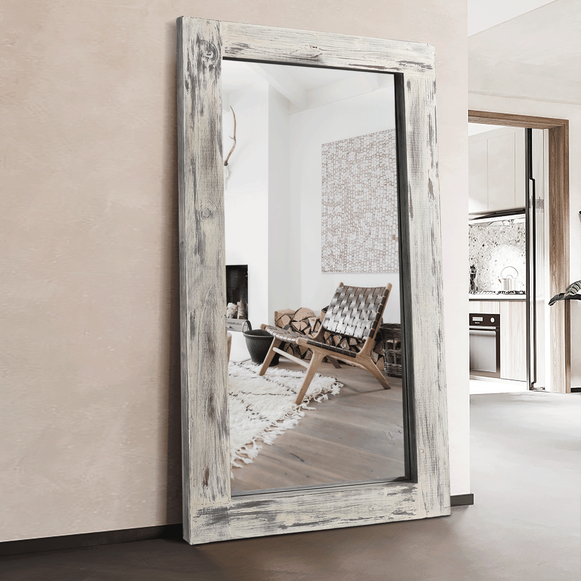 71"x32" Modern Rectangle Wood Full Length Mirror Floor Mirror without Bracket,Weathered White
