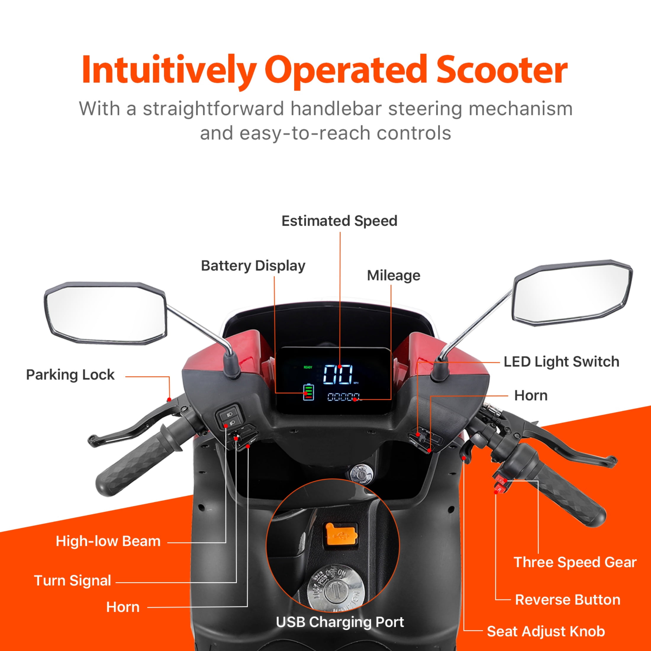 QEEKA 4-Wheel Mobility Scooter, 2-Seater Electric Scooter with Adjustable Seat, 500 lb Capacity, Red