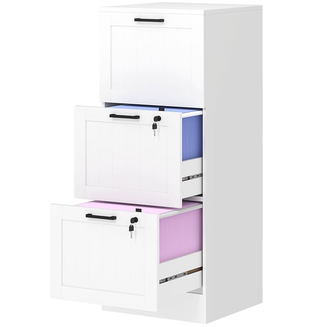 3-Drawer White MDF Filing Cabinet with Lock, Compact Office Storage Cabinet with Adjustable Rails for A4/Letter Files, Versatile Printer Stand for Home Office or Study Room