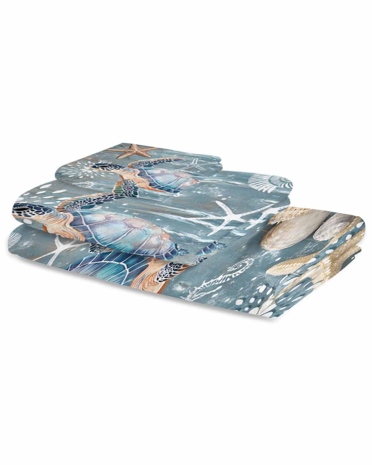 Blue Turtle Coastal Bath Towels for Bathroom Set,Luxury Microfiber Towels Gifts for Women,Beach Kitchen Hand Hair Face Towel and Dish Washcloth,Summer Beach Nautical Starfish Coral Towels+Set