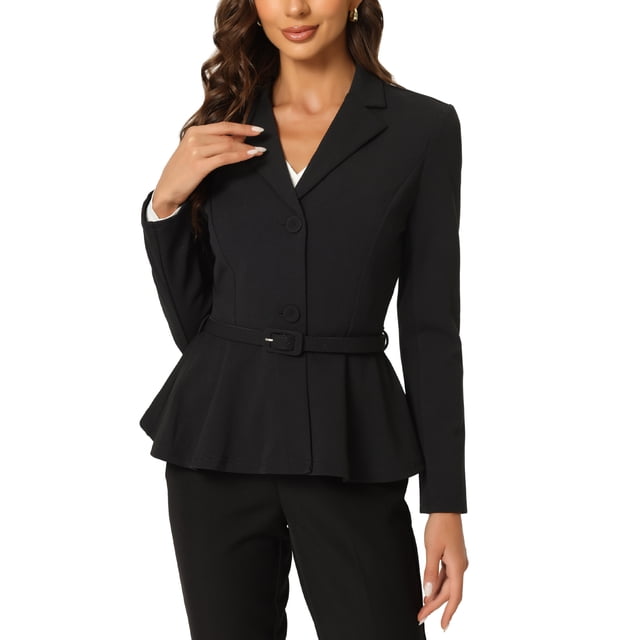 INSPIRE CHIC Blazer à Basque pour Femme à Revers Cranté, Manches Longues, Ceinturé, Travail Bureau, TP, Noir