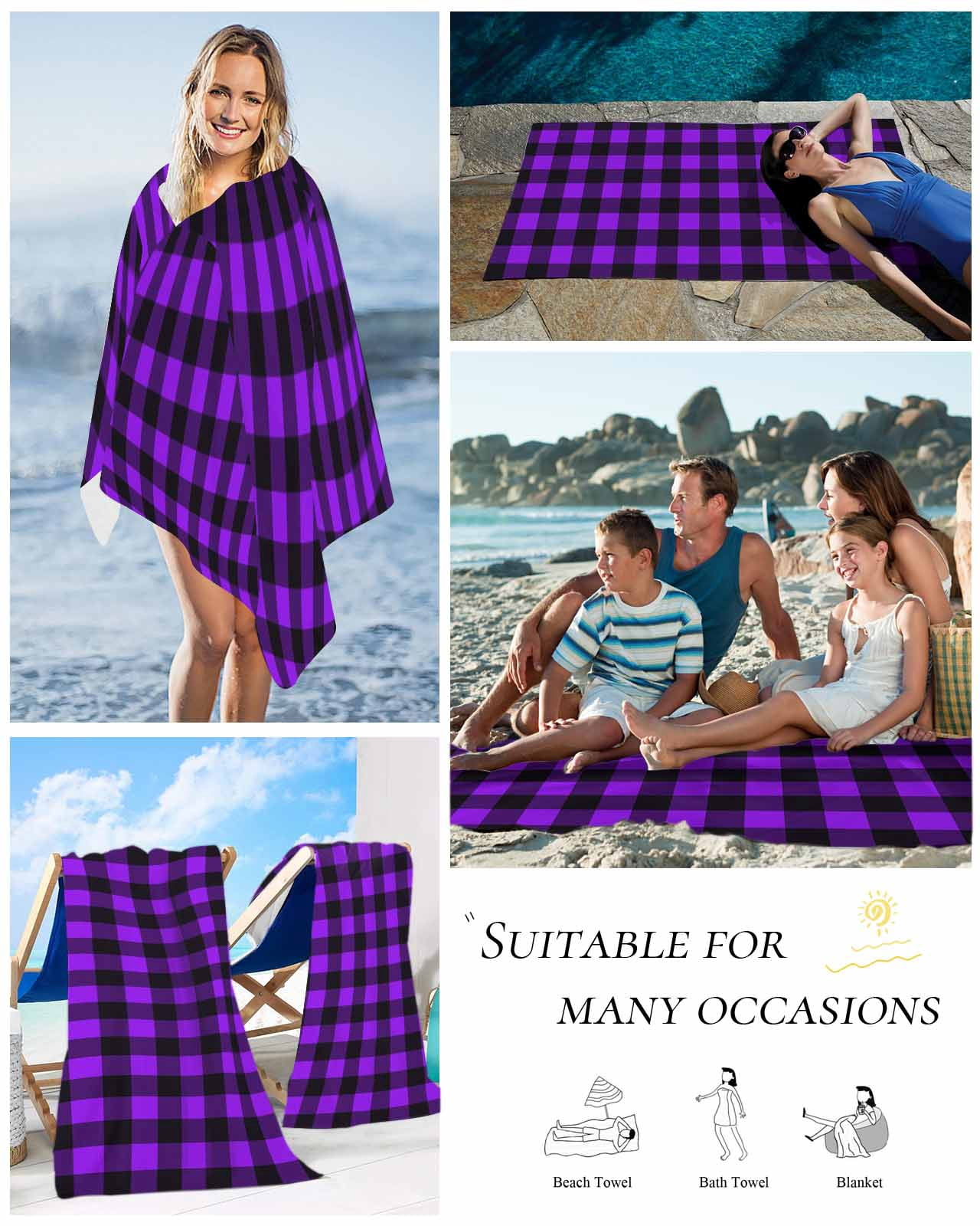 Black Purple Plaid Beach Towels Oversized Super Absorbent, Farmhouse Simple Buffalo Checked Lightweight Bath Towel Quick Dry Sets For Bathroom/Pool/Rv Camping/Beach Play/Gym Room/Picnic 31"x62"