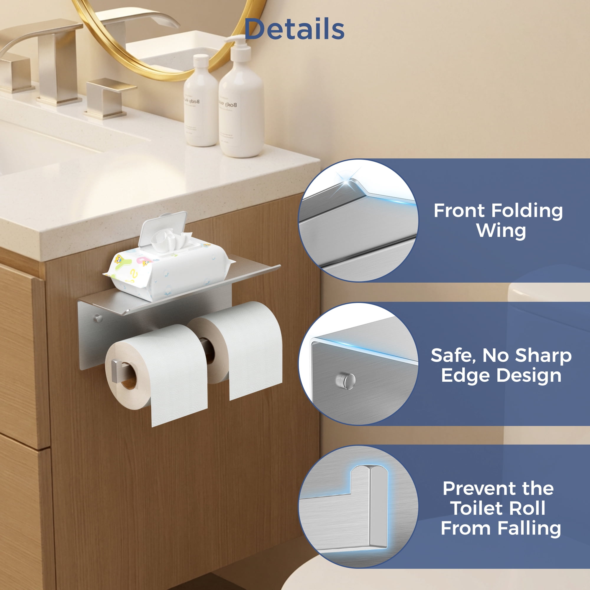 TVOFEK Wall Mounted Toilet Paper Holder with Shelf, Brushed Nickel Stainless Steel Double Tissue Roll Holder Fits Mega Rolls for Bathroom Kitchen RV