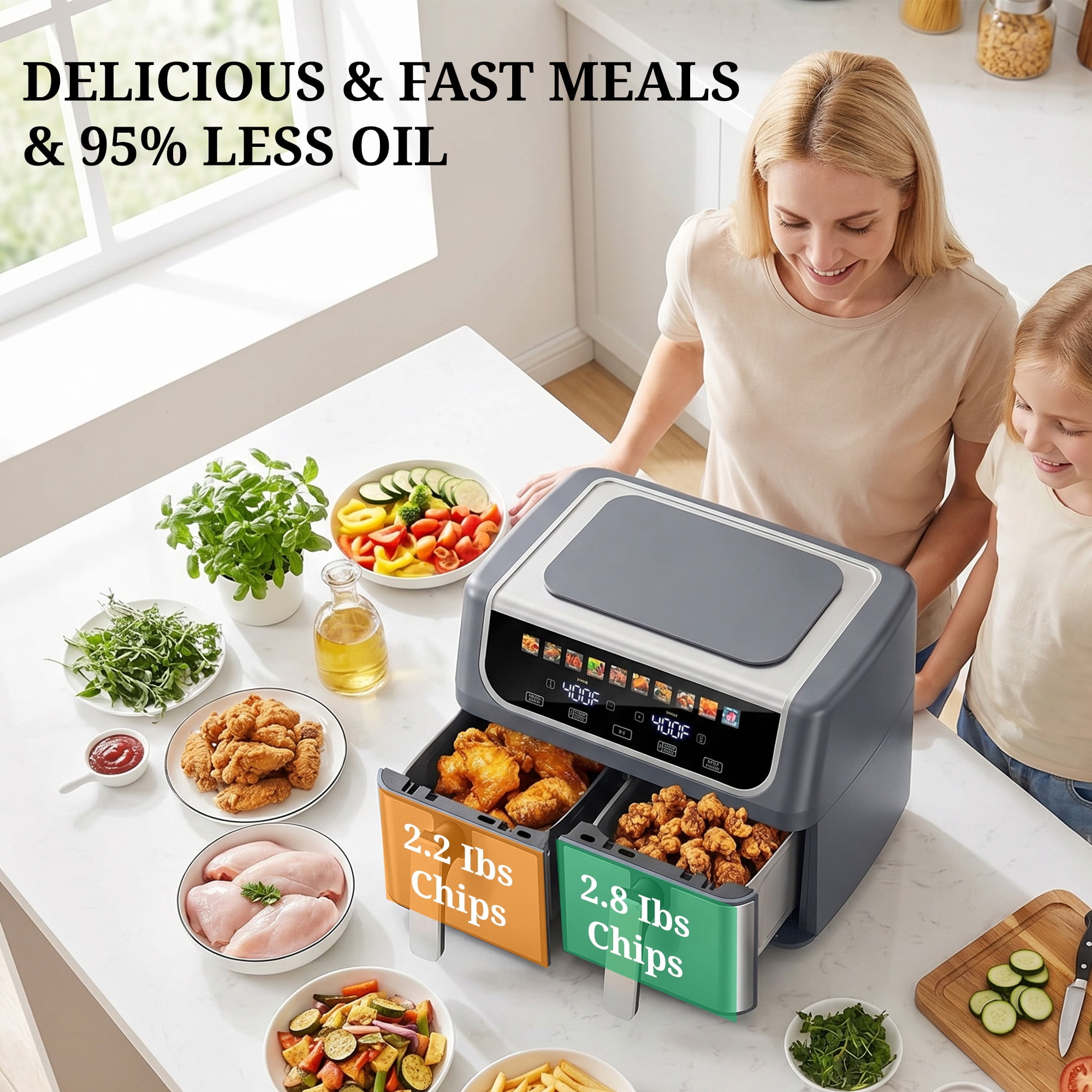 Atilioo Dual Basket Air Fryer, 9.5QT Fast Meal 10 Presets Cooker with 2 Independent 4.75Qt Basket & Sync Setting, Digital Touchcreen, Gray