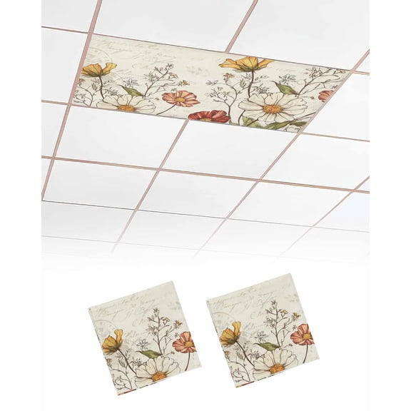 Farmhouse Botanical Fluorescent Light Covers for Ceiling Lights 4x2 feet,2 Pack Magnetic Light Filters for Classroom,Pastoral Summer Spring Floral Fluorescent Light Shade Panel for Office School
