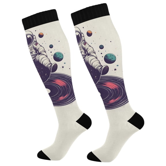 FORMRS Womens Knee High Socks Casual Long Thick Travel Daily Wear, 1 Pair, Orange Astronaut Planet
