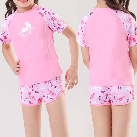FASHOFT Girls 2 Pieces Rash Guard Swimsuit Short Sleeve Tankini and Floral Shorts Bathing Suit for Beach Poor Swimwear Pink L