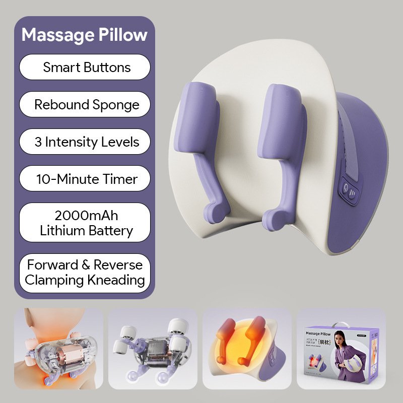 Purple Neck & Shoulder Shiatsu Massage Pillow with Heat, 3 Intensity Levels, Rechargeable Cordless Deep Tissue Massager for Back, Waist, Legs, 10-Minute Timer