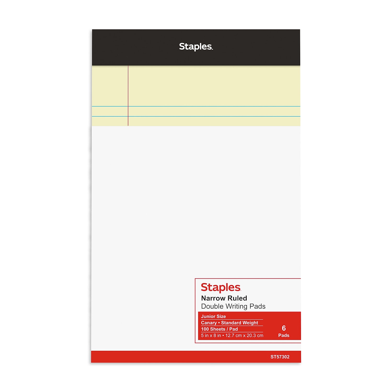 Staples Notepads 5" x 8" Narrow Ruled Canary 100 Sheets/Pad 18/Carton ST57302VS