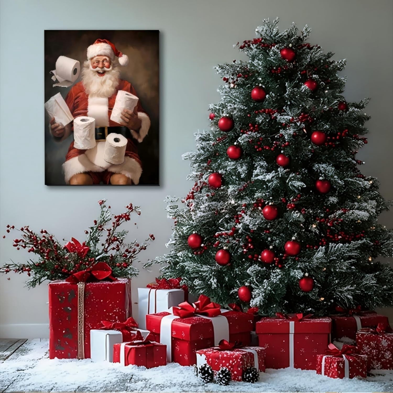 Funny Christmas Santa Bathroom Wall Art Prints, Winter Christmas Santa Claus Posters Pictures Wall Decor for Shower Room Bathroom Washroom, Framed Ready to Hang
