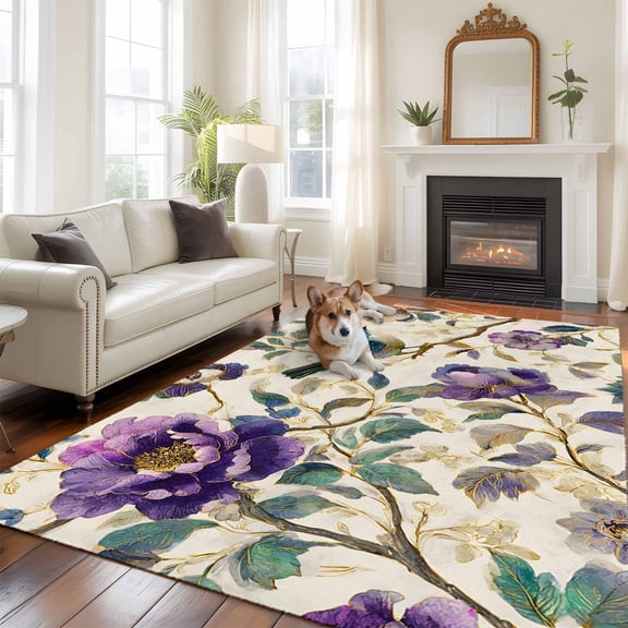 Spring Flowers Large Area Rugs 8x10 ft Vintage Gorgeous Purple Flower Bird Waterproof Leaf Washable Rug Non Slip Indoor Carpet Absorbent Floor Mat for Living Room Bedroom Dining Room