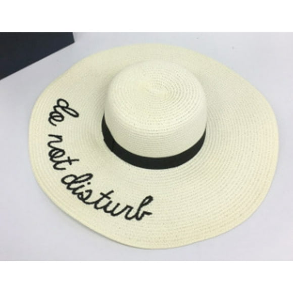Women Fashion Embroidery Letters Straw Hat Large Brim Summer Beach Vacation Sun Hat Color:Beige