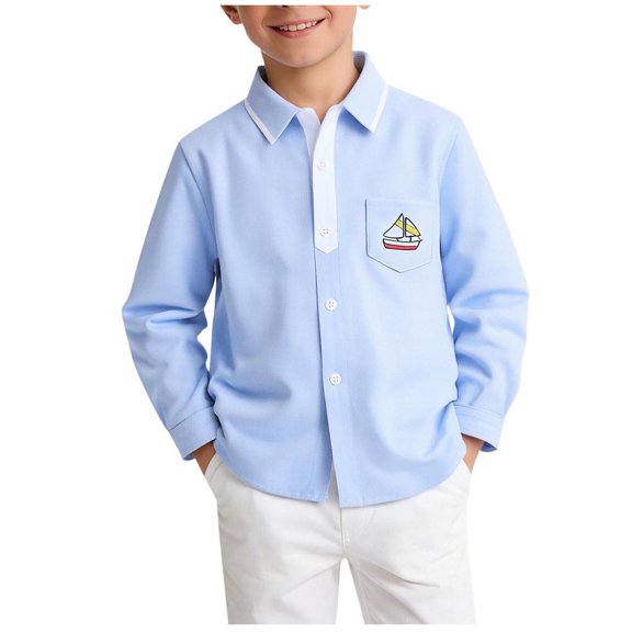 BCSIOAOI Toddler Boys Tops,Cotton Long Sleeve Sailboat Embroidered Button-Down Shirt Blue 3-4t