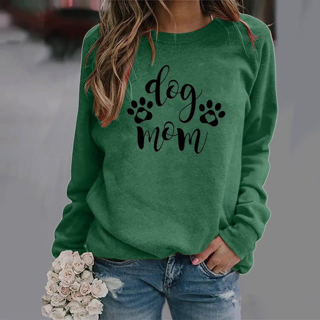 Puntoco Mujeres Casual Manga Larga Perro Pata Impresión O-Cuello tops Camisa Blusa Pullover Puntoco Puntoco-4468