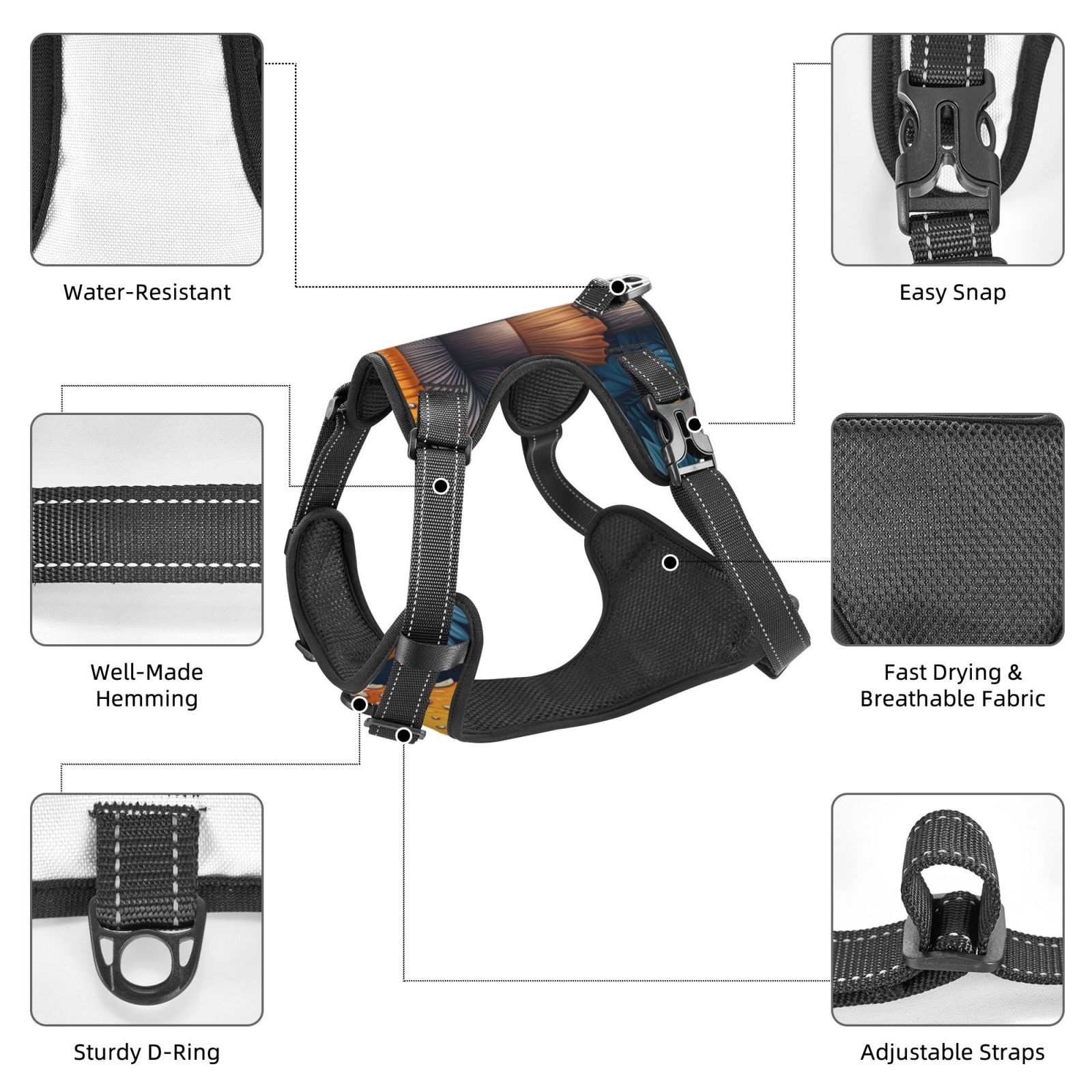 Vsdgher Vintage Blue Leaf Mushroom Pattern Dog Harness,No Pull Pet Harness with Soft Padded Handle,Adjustable Reflective Vest with 2 Buckles,4 Slide Buckles,S-XL Medium