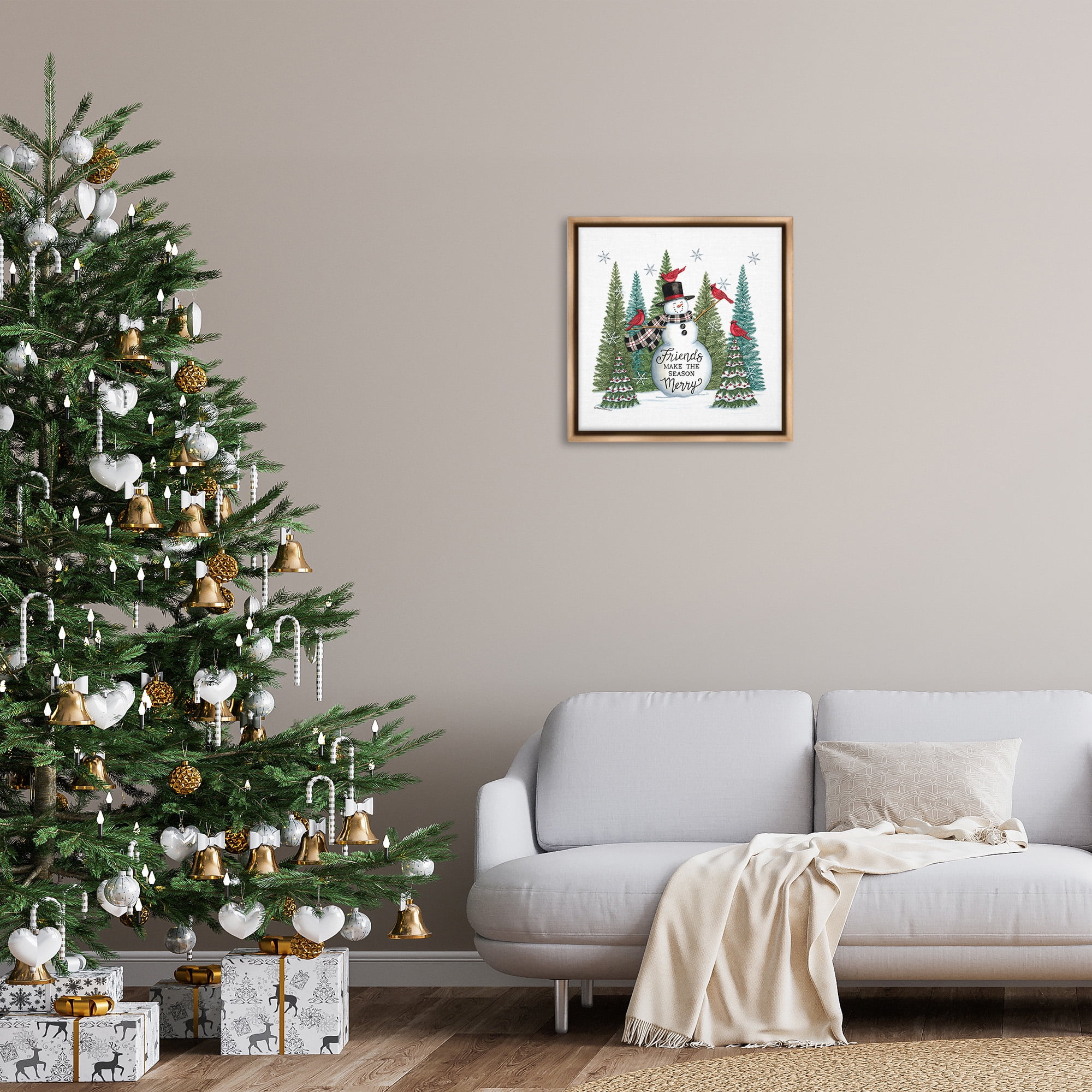 Stupell Industries Winter Friendship Snowman Holiday Painting Brown Floater Framed Canvas Art Print Wall Art, 25 x 25