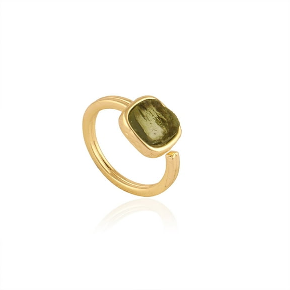Zeva Jewels Raw Moldavite Ring, Natural Green Cushion Gemstone, Adjustable Unisex Ring, 18K Gold Plated Brass Jewelry