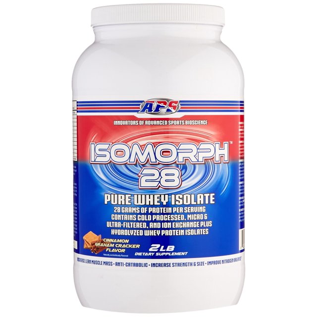 proteína en polvo aps nutrition isomorph whey isolate 907 g envase frontal blanco con etiqueta roja y azul que destaca 'Isomorph 28 Pure Whey Isolate', sabor Galleta Graham con canela, 28 g de proteína por porción, 2 lb (907 g).