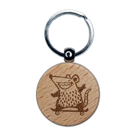 Awesome Opossum on Skateboard Cool Sport Round Keychain Charm Tag - Engraved Wood