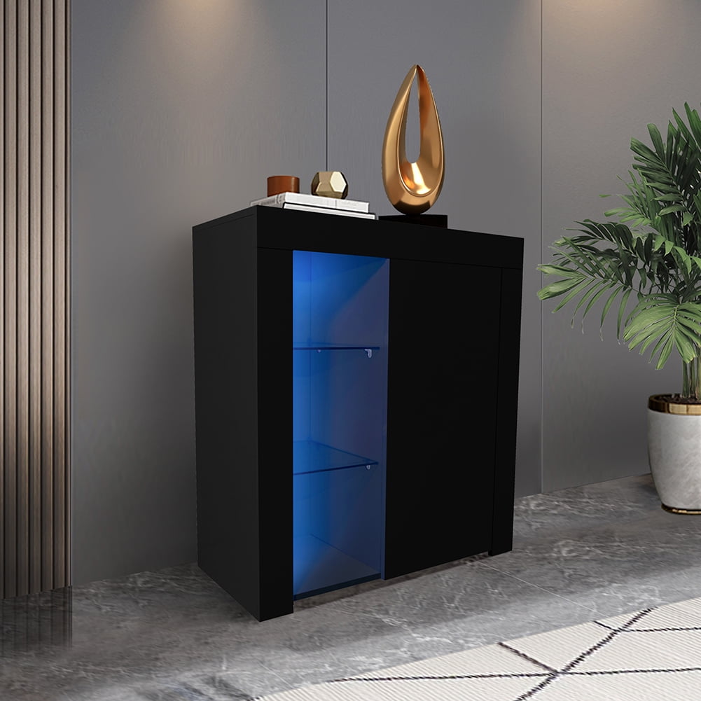 Private Jungle Kitchen Sideboard Cupboard White High Gloss with Blue LED Light,Entryway Living Room Side Storage Cabinet Buffet with Shelves and Door,Black Private Jungle Kitchen Sideboard Cupboard White High Gloss with Blue LED Light,Entryway Living Room Side Storage Cabinet Buffet with Shelves and Door,Black
