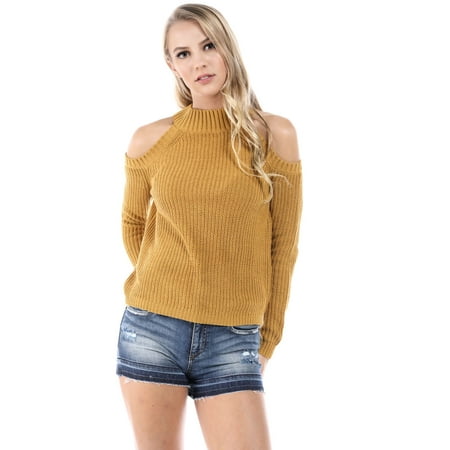 Neck Kit - Salt Tree Women's Thick Knit Cold Shoulder Scoop Neck Sweater