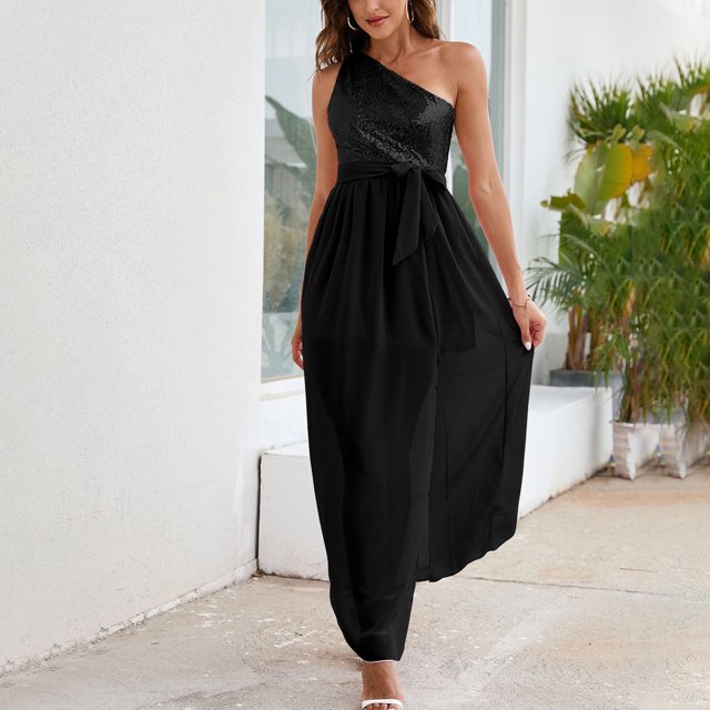 SMihono Robe Maxi Bohème d'Été pour Femmes Grande Taille Robes d'Été pour Femmes Robes à une Épaule Décontractées Fluides Haute Basse Robe Maxi à Sequins Robe de Plage