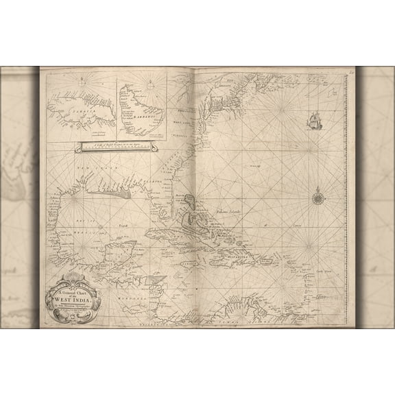 24"x36" Gallery Poster, map Chart of the West Indies cuba florida 1700