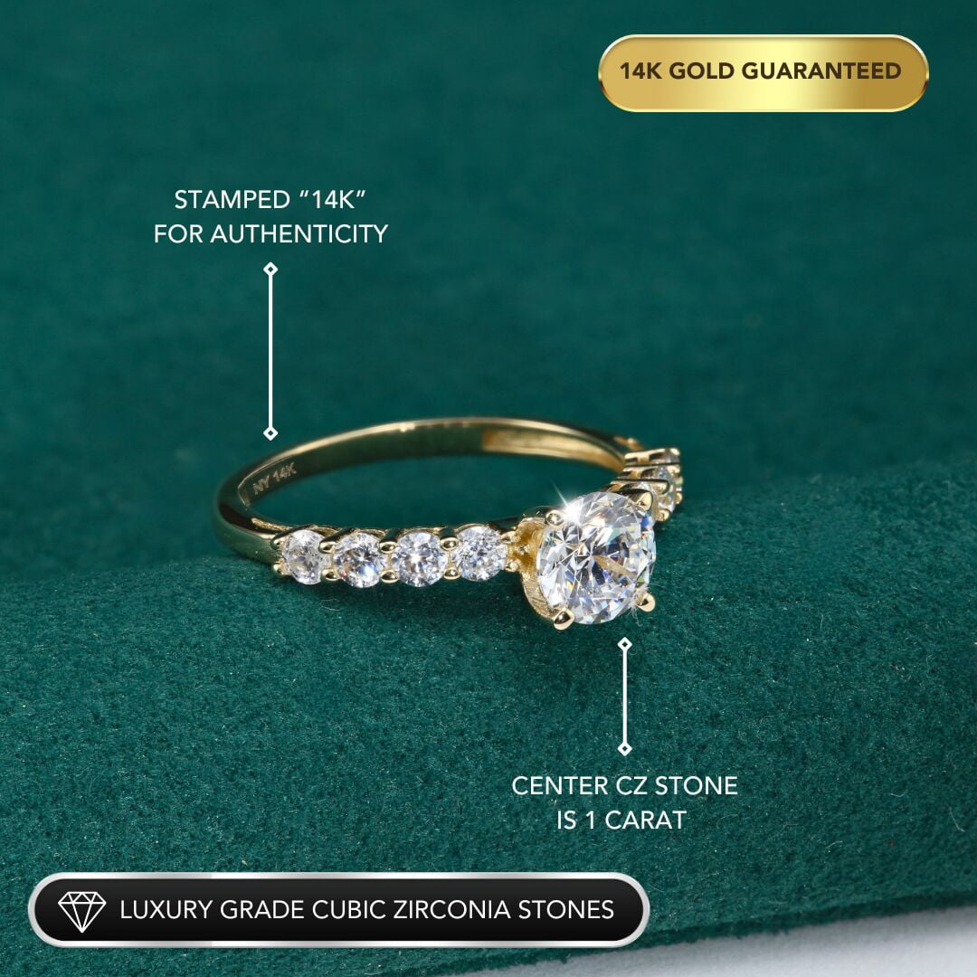 Tilo Jewelry 14K Yellow Gold 1 Carat Solitaire Round Brilliant Engagement Wedding Ring with Side-stone Accents | Size 5 | Classic Engagement Ring for Women
