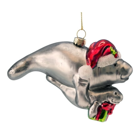 Manatee Ornament Beachcombers Santa Hat Mother and Baby Manatee Bearing Gifts Blown Ornament ()