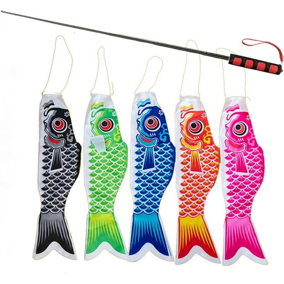 5PCS Japanese Carp Windsock and 1.6M Telescopic Handheld Flagpoles,Koinobori Streamer Fish Flag Kite, Hanging Decor for Japanese Sushi Bar Izakaya Room, Japanese Carp Flag Decor (40cm, Colorful)