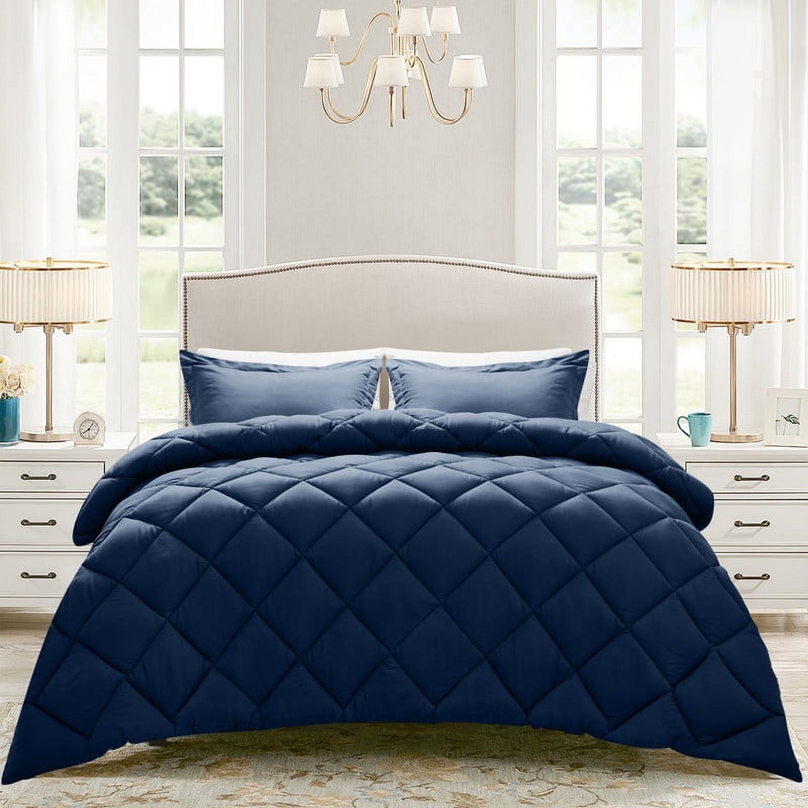 JUSTLET 3 Pieces Queen Comforter Set, Bed in A Bag, Machine Washable Bedding Set, Navy Blue