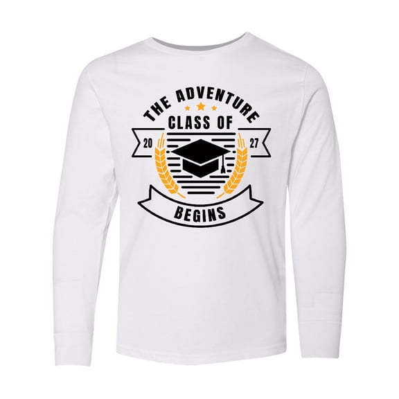 Inktastic Class of 2027 the Adventure Begins with Graduation Cap Long Sleeve Youth T-Shirt