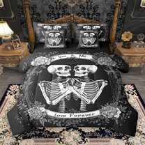 Manfei Couple Skeleton Skull 7 Pieces Bedding Comforter Set, Romantic Gothic Bride Full Bedding Set, Bohemian Valentines Day Reversible Fitted Sheet Flat Sheet, Microfiber Bedroom Decor