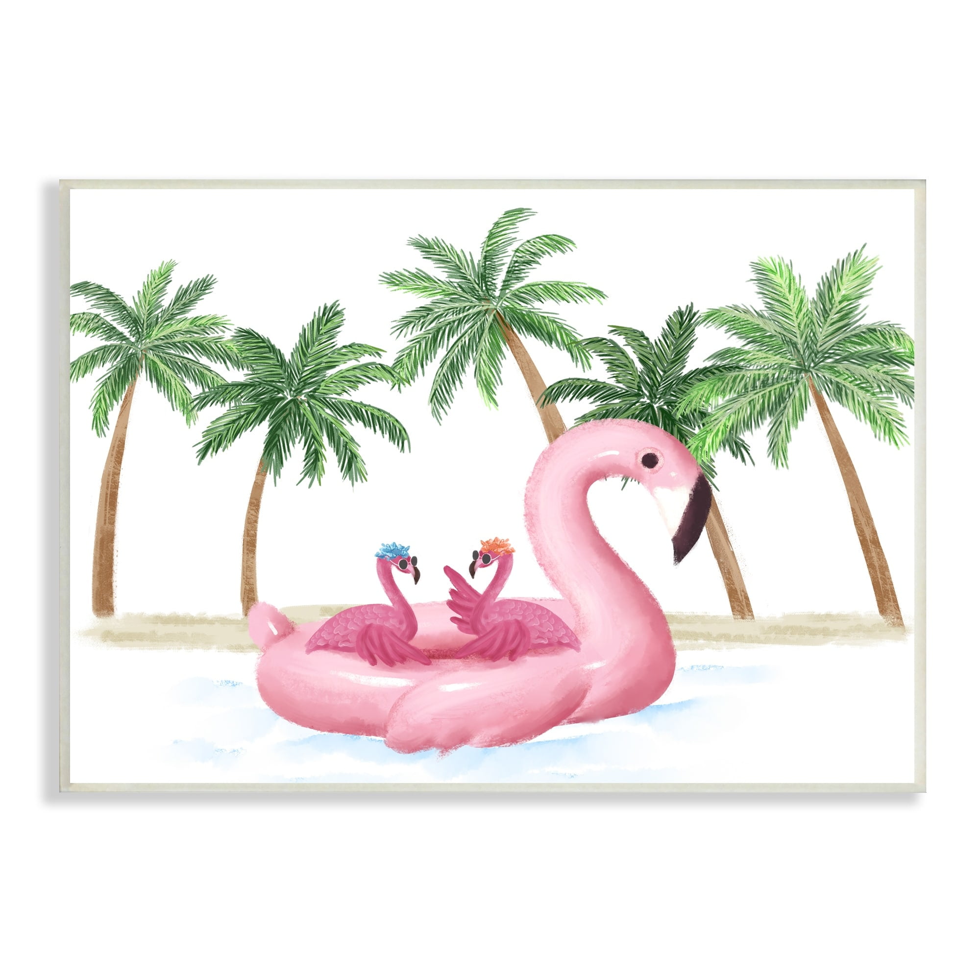 Pink Flamingo Tropical Beach Float Party Palm Trees 19 in x 13 in Framed Painting Art Print, by Stupell Home Décor