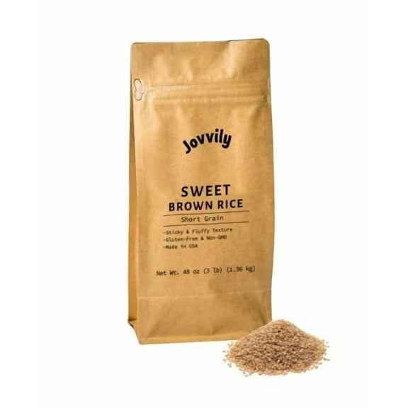 Jovvily Sweet Brown Rice - 3 lb - Brown Glutinous Rice - Fluffy Texture - Sweet