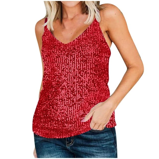 Timegard Womens Tank Tops Camis V Neck Sleeveless Sequin Comfy Tops Adjustable Strap Tee Club Party