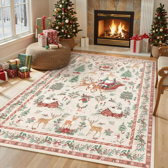 VIXARKO Indoor Christmas Rug 2x3 Small Kitchen Bathroom Rugs for Entryway,Washable Soft Non-Slip Christmas Tree Santa Claus Area Rug,Door Mat for Winter Living Room Bedroom Holiday Decor(2x3,Beige)