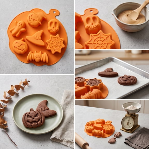 Halloween Silicone Mold, Pumpkin Ghost Witch Hat Skull Web Shapes, Food Grade Non-Stick Mold for Chocolate Candy Soap – 5 Styles Available