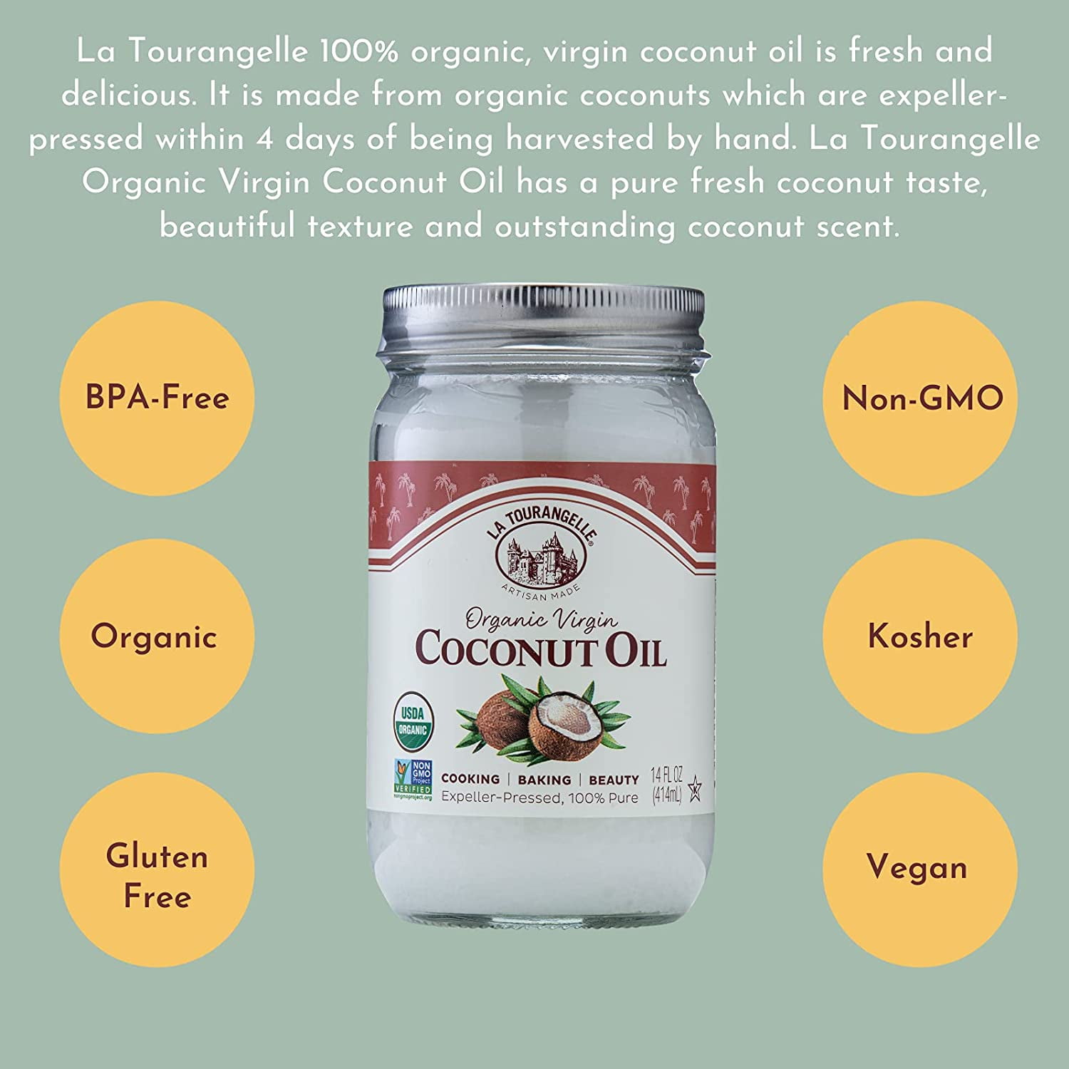La Tourangelle, Organic Virgin Unrefined Coconut Oil, 30 fl oz (887 ml)