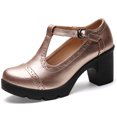 thumbnail image 2 of Lovskoo 2024 Women's Oversized Classic Leather Shoes T-Strap Platform Chunky Block Mid-Heel Closed Toe Pumps Metal Buckle Mary Dress Wedding Shoes Gold, 2 of 4