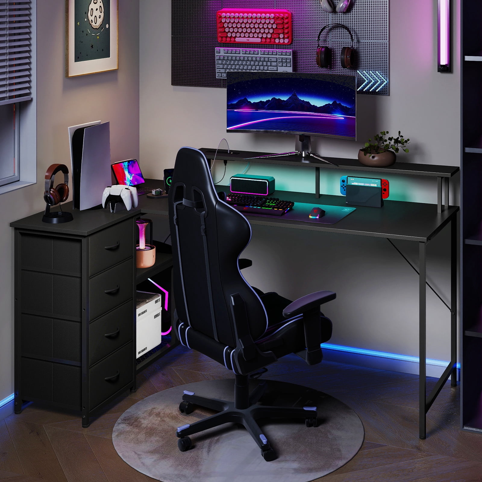 Eunos 61 inch L Shaped Gaming Desk with Power Outlets & LED Light, Computer Desk with 4 Tiers Drawers for Home Office, Black