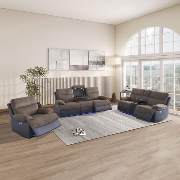 Power Reclining Sofa Set, Living Room Furniture Sets, Leather Recliner Couch Set, Recliner Couch Loveseat and Chair with Cup Holders/USB Port for Home Theater Seat (Brown, Chair Loveseat Sofa)