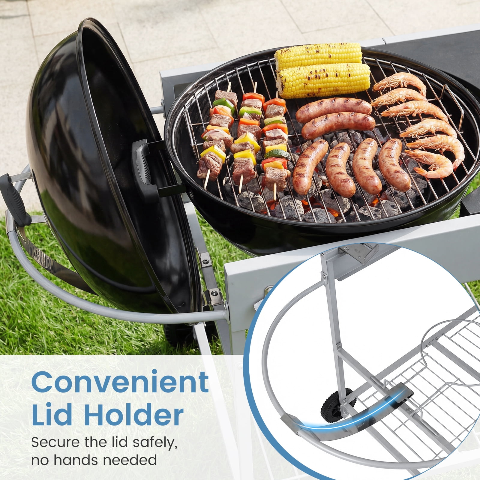 Costway Outdoor Grill Table for 18” & 22” Weber Original Kettle with Wire Rack, Garbage Can