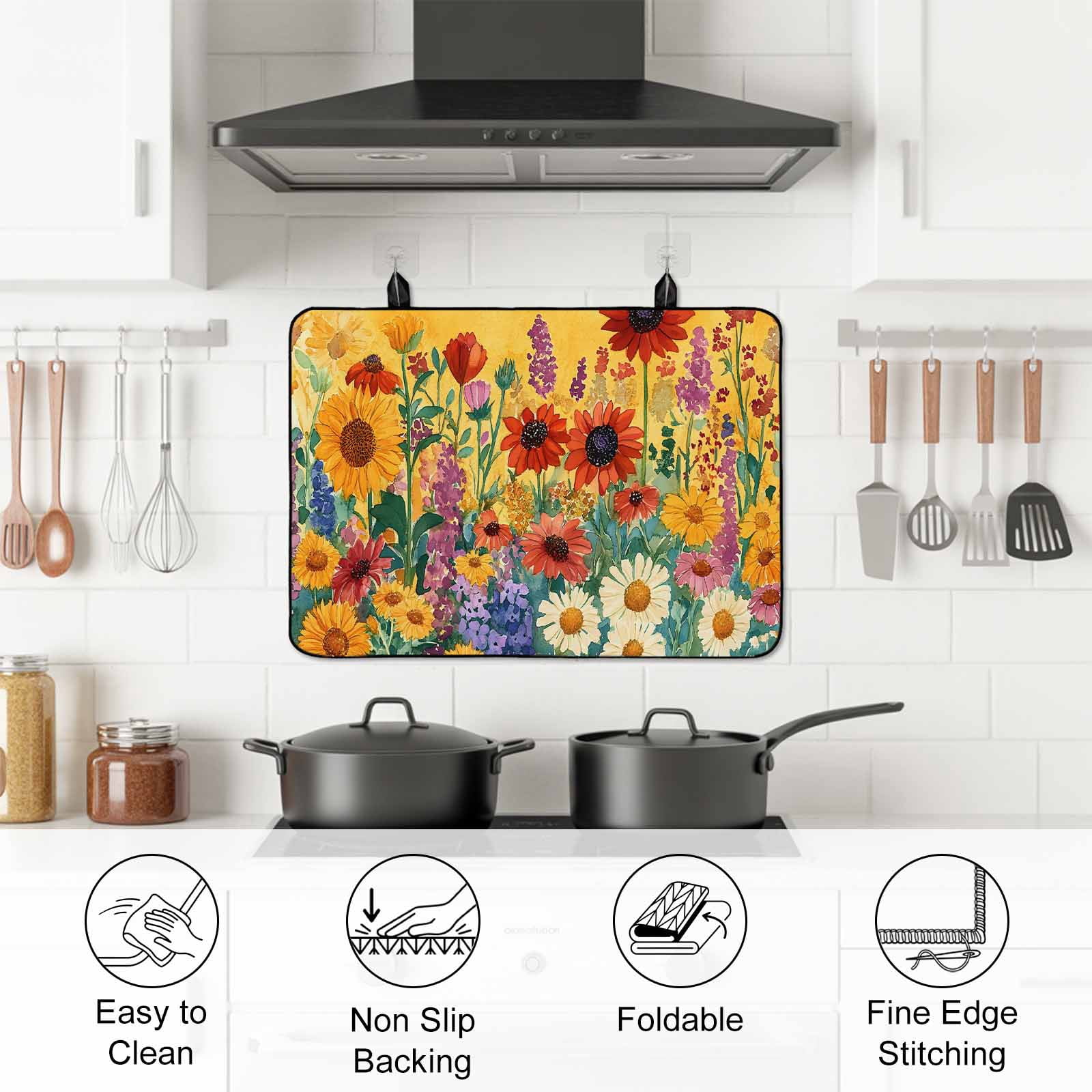 Colorful Sunflower Stove Top Cover for Electric Stove, Heat-proof & Non Slip Glass Top Stove Cover Protector, Farmhouse Botanical Floral Kitchen Flat Cooktop Rubber Mat 24x21 Inches
