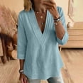 thumbnail image 2 of SBYOJLPB Women's Solid Color Tops 3/4 Sleeve Cotton-linen V-neck Pullover Top, 2 of 6